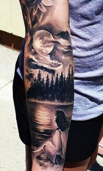 tatuajes de bosques con luna|Tatuajes paisajes bosque